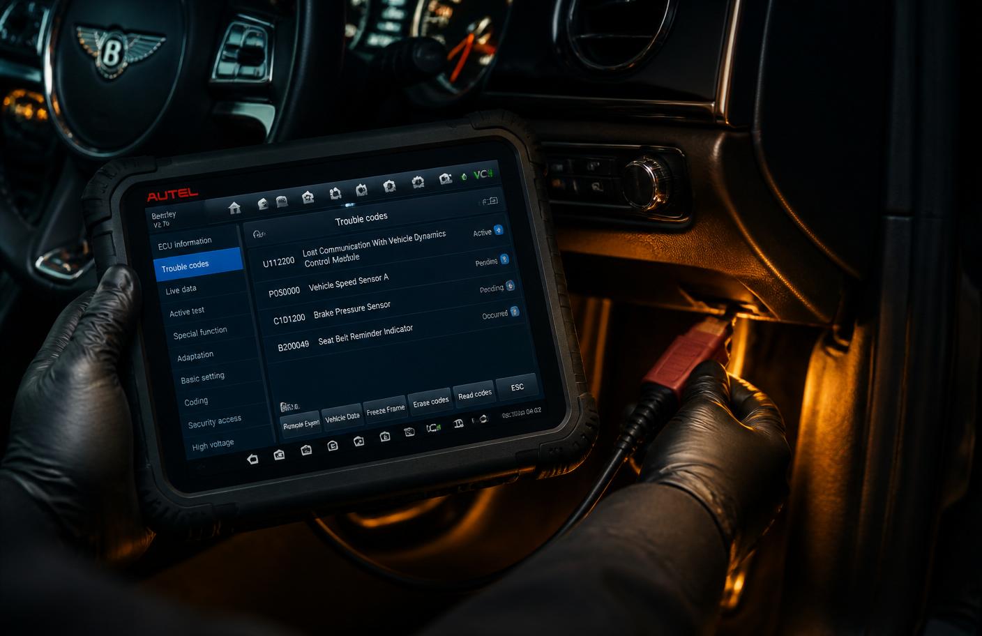 Técnico especializado usando tablet AUTEL para diagnóstico de transmisión automática en Bogotá